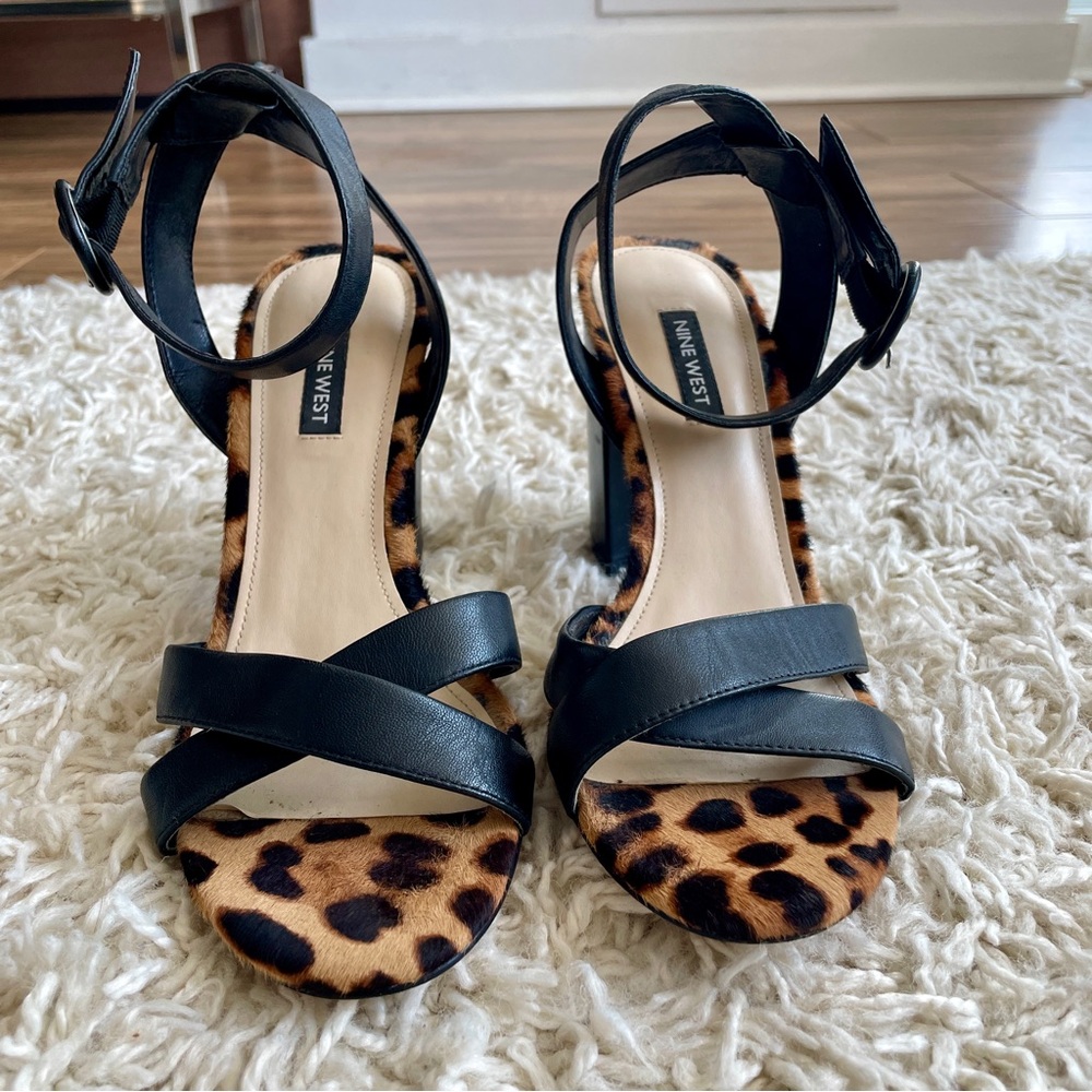 Nine West Black and Leopard Print Block Heel Sandals Size 9